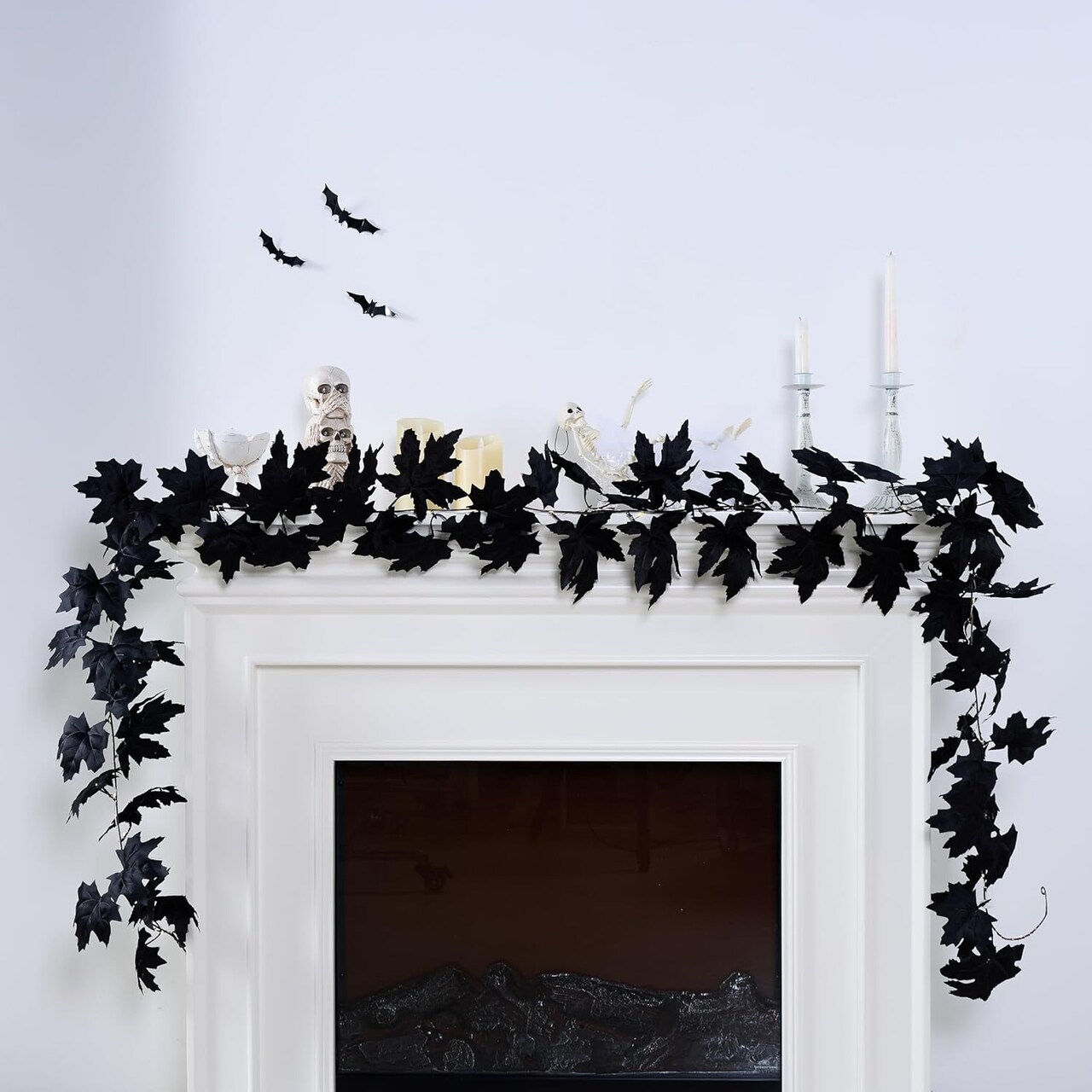 9FT Halloween Garland with Lights – Pre-Lit Black Maple Leaf LED String Decor with Timer | 20 LED Battery Operated Mantle, Fireplace & Indoor Halloween Fall Home Decoration